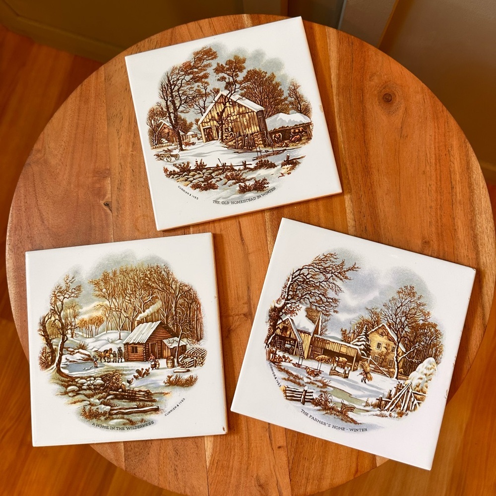 Currier & Ives American Homestead Wilderness Winter Set of 3 Wall Tiles
